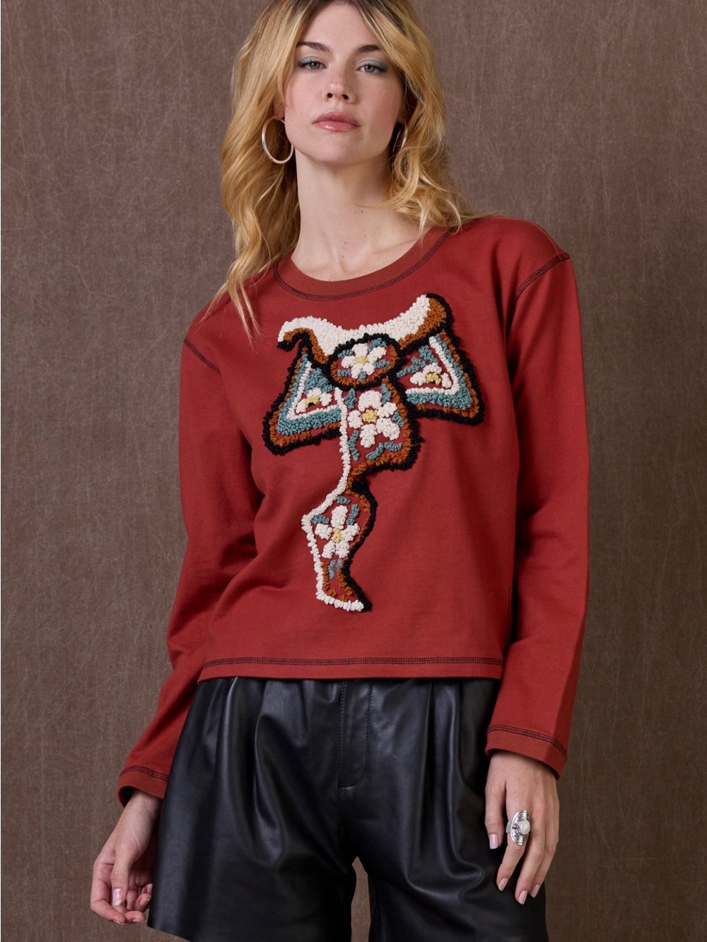 Double D Ranch Rust Red Western Embroidered Crewneck